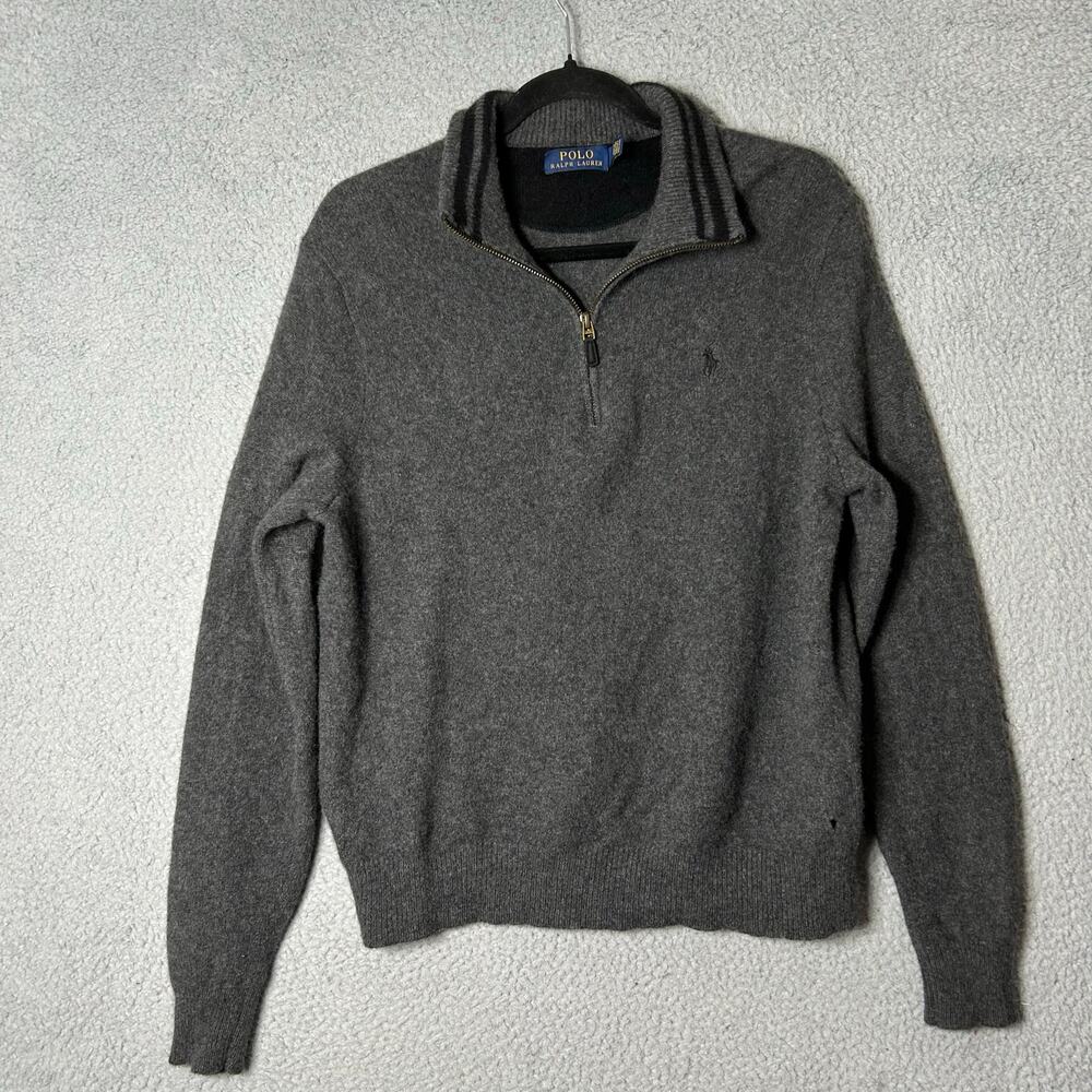 Polo Ralph Lauren Sweater Mens L Gray Italian Wool and Cashmere 1/4 Zip READ